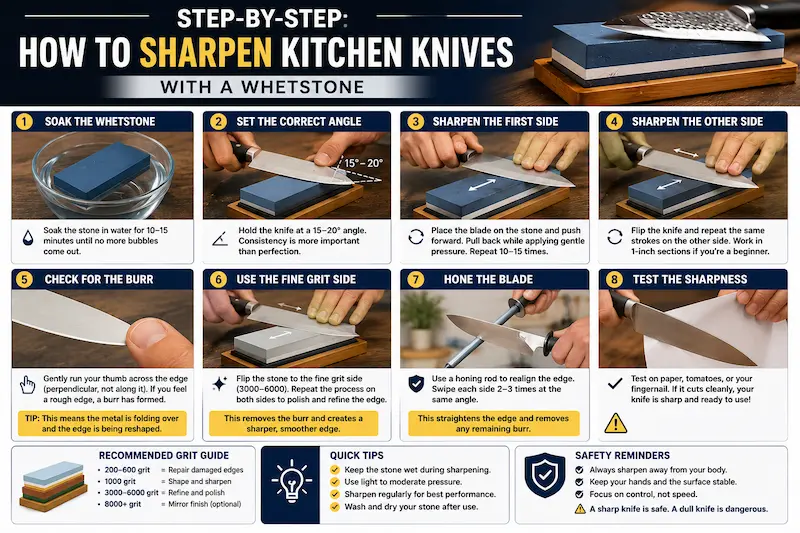 step-by-step how to sharpen kitchen knives with a whetstone