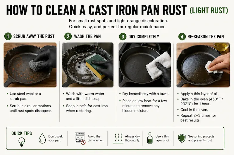 how to clean a cast iron pan rust light rust